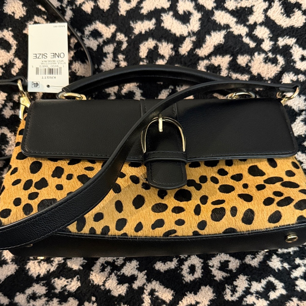 Leopard Print Faux Fur Top-Handle Bag with Black Trim